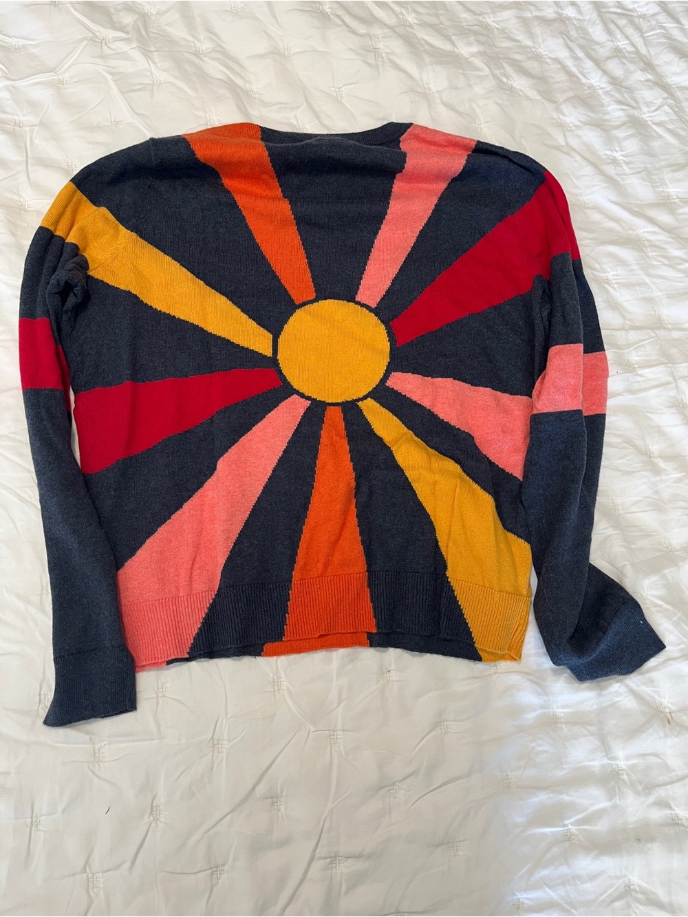 Marine Layer Navy Crewneck Sweater with Yellow, Red, Coral, Orange Sunburst - Picture 3 of 6
